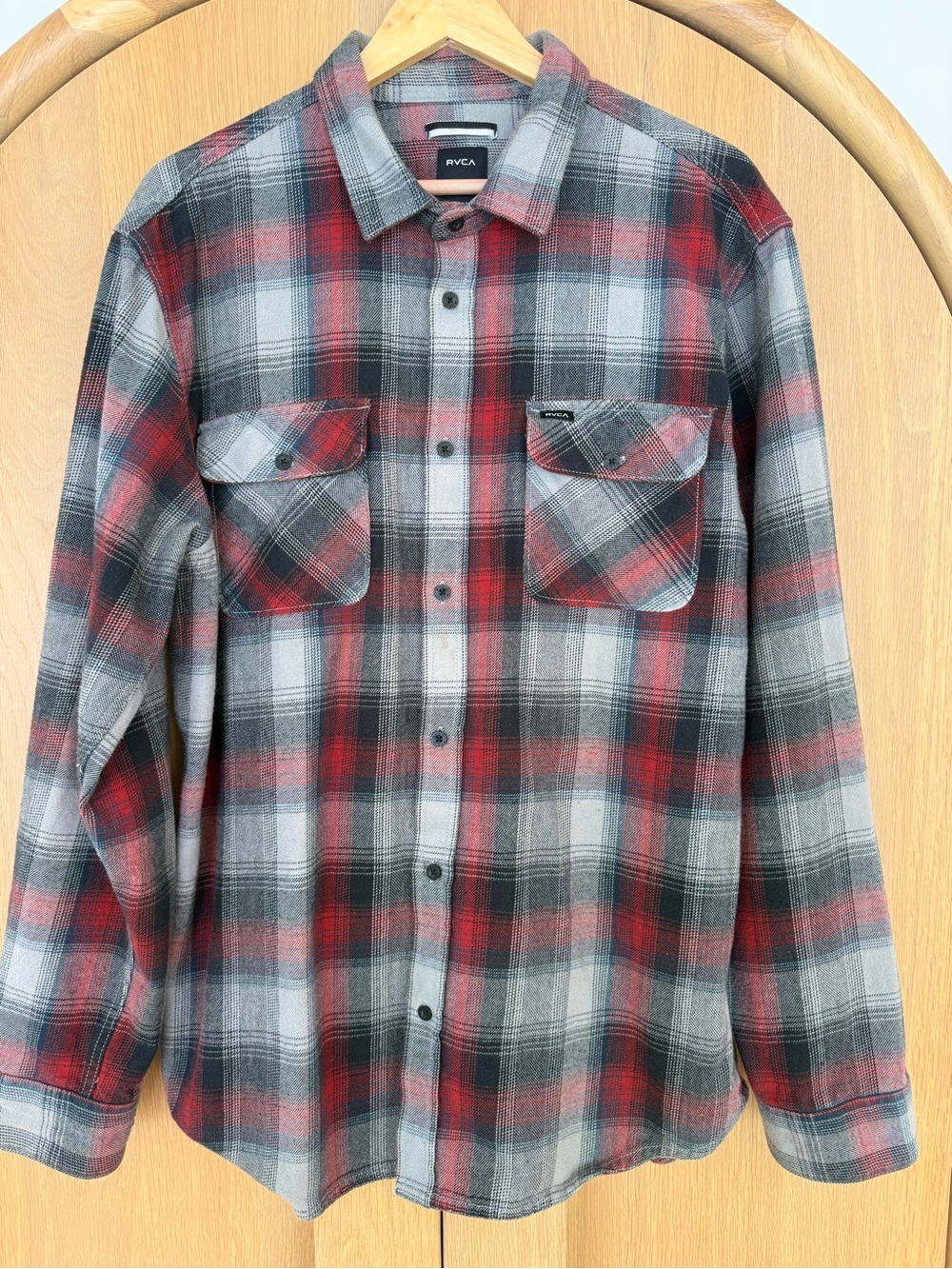 RVCA Men’s Red and Gray Plaid Button-Down Shirt Regular Fit Size XL